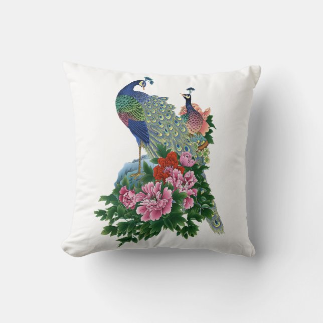 Pfau-Blau-Rosa-Rosen-grüne Blumen-Blumenvogel Kissen (Vorderseite)