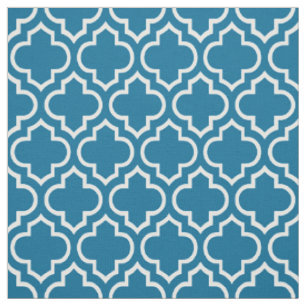 Pfau-Blau, weißer Marokkaner Quatrefoil #6 Stoff