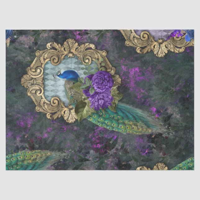 Pfau-, Blume- und Goldrahmen-Dekoupage Seidenpapier (Vorderseite)