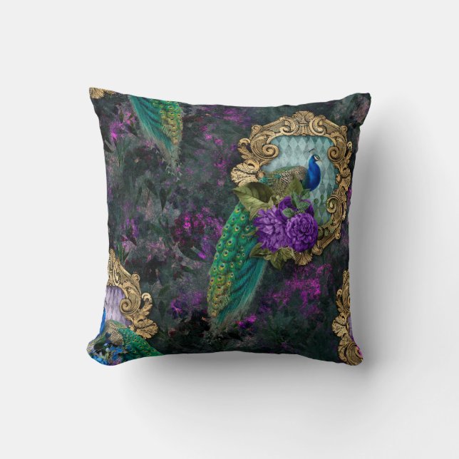 Pfau, Blume und Goldrahmen Kissen (Vorderseite)