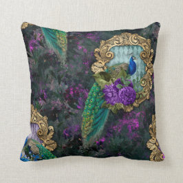 Pfau, Blume und Goldrahmen Kissen