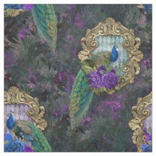 Pfau, Blume und Goldrahmen Stoff