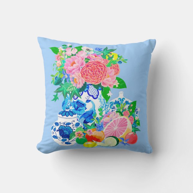 Pfau Chinoiserie Vase mit Pfauen und Rose Kissen (Vorderseite)