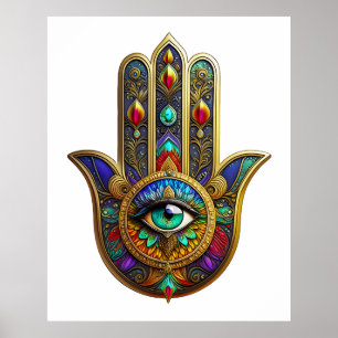Pfau-Farben-Blütenblätter Hamsa Grün Drittes Auge Poster