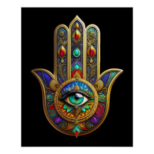 Pfau-Farben-Blütenblätter Hamsa Grün Drittes Auge Poster