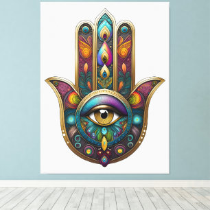 Pfau Farben Hamsa mit goldenem dritten Auge Leinwanddruck