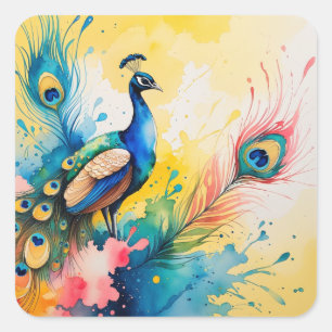 Pfau farbenfrohes Design Quadratischer Aufkleber