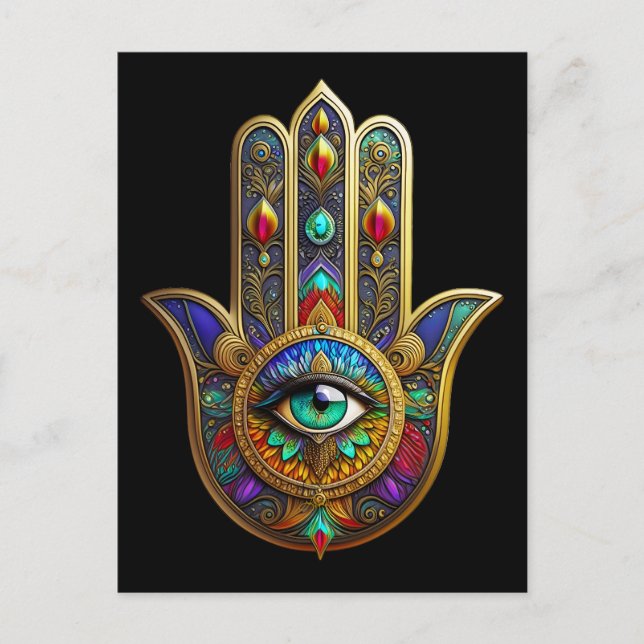 Pfau Farbige Blütenblätter Hamsa Grün Drittes Auge Postkarte (Vorderseite)