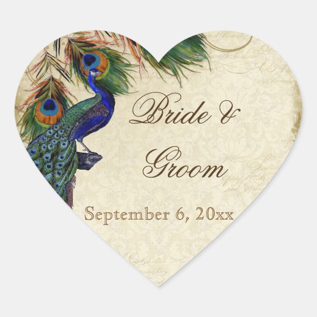 Pfau & Feathers Formal Gastgeschenk Hochzeit Siege Herz-Aufkleber (Vorderseite)