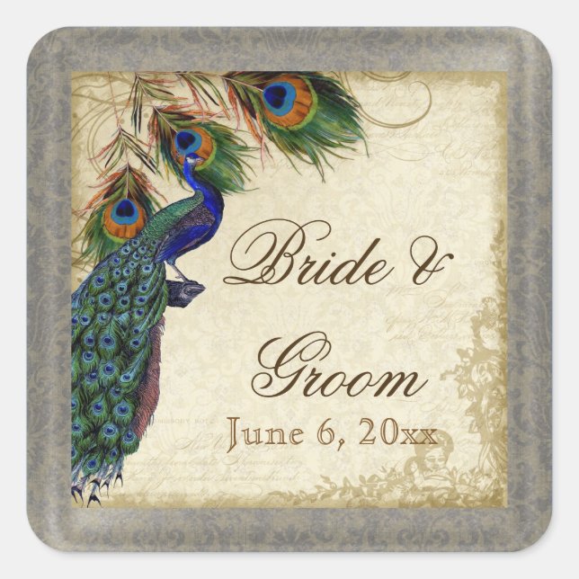 Pfau & Feathers Formal Gastgeschenk Hochzeit Siege Quadratischer Aufkleber (Vorderseite)