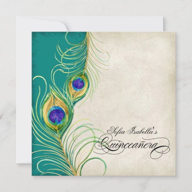 Pfau-Feder-aquamarines blaues Damast Quinceanera Einladung (Vorderseite)