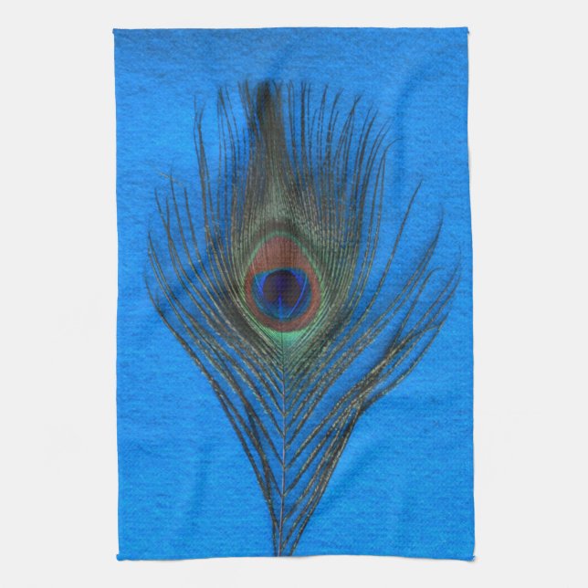 Pfau-Feder auf blauem Geschirrtuch (Vertikal)