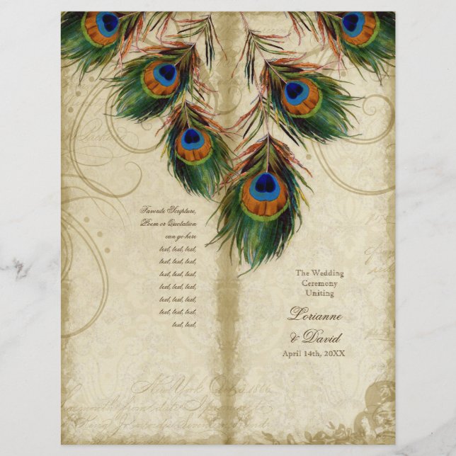 Pfau & Feder Elegantes passendes Hochzeitsprogramm (Vorderseite)