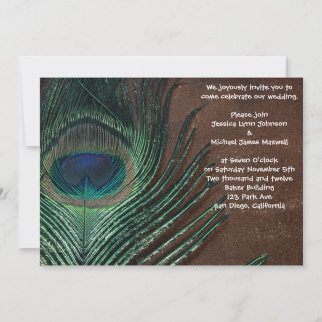 Pfau-Feder mit Brown und Gold Einladung (Vorderseite)