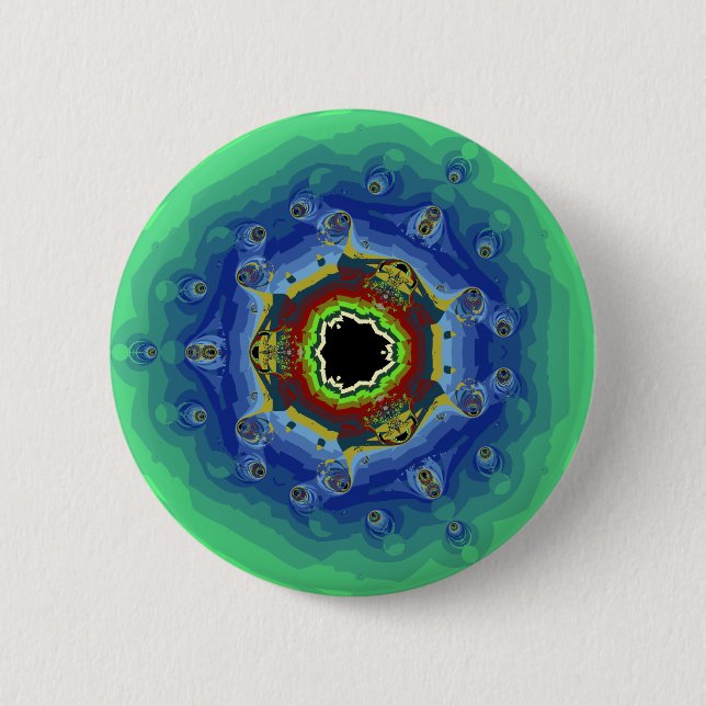 Pfau-Fraktalmandala-blaues Grün Button (Vorderseite)