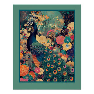 Pfau im Blumenmuster mit türkisfarbenem Mond Poster
