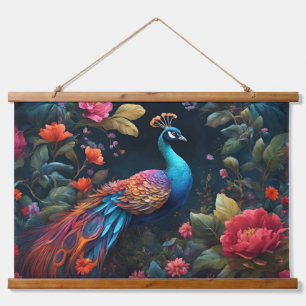 Pfau im Garten der Rose Wandteppich Mit Holzrahmen