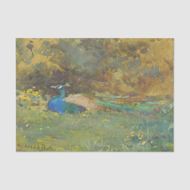 Pfau im Garten von Mildred Anne Butler Seidenpapier (Vorderseite)