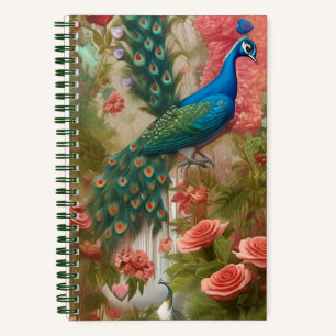 Pfau im Gartenpark Apricot Rose Notizbuch