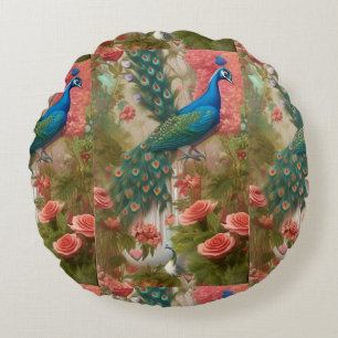 Pfau im Gartenpark Apricot Rose Rundes Kissen