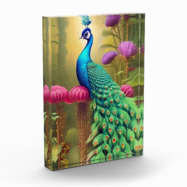 Pfau im Rosa-Gartenwald Fotoblock (Links)