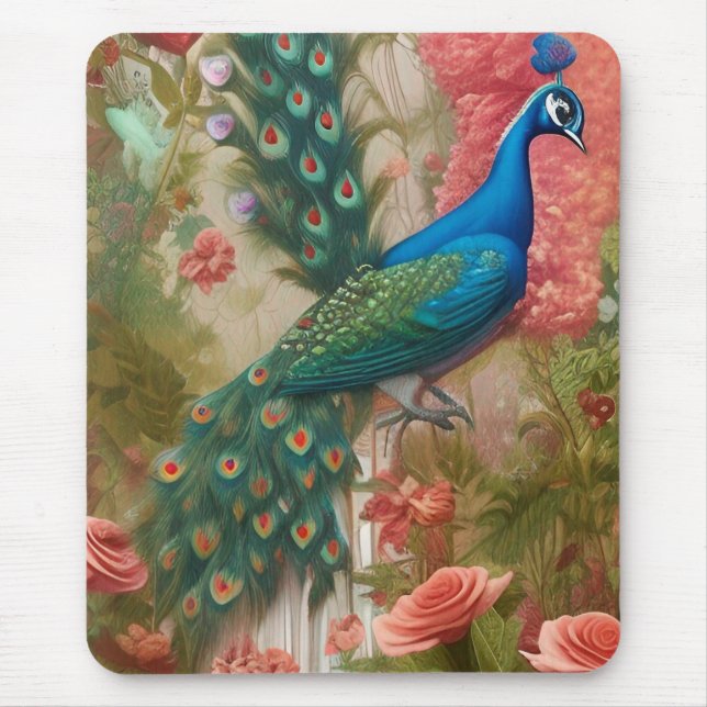 Pfau in Apricot Rose Garden Poster Mousepad (Vorne)