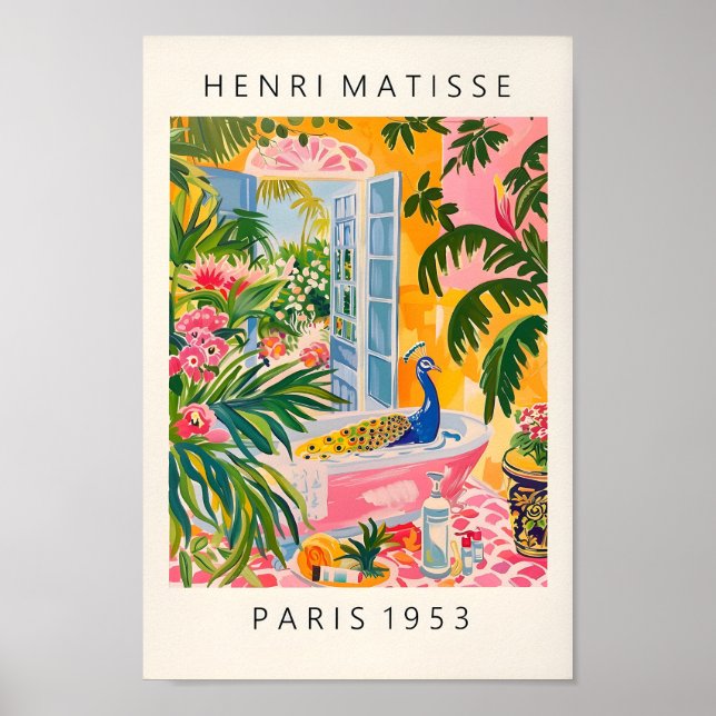 Pfau in Bathtub Art Print, rosa Maximalist Deko (Vorne)