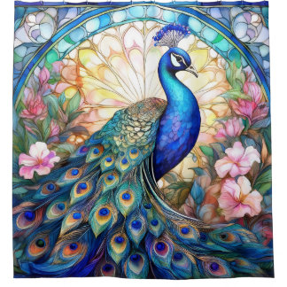 Pfau in Buntglas und Aquarell Duschvorhang
