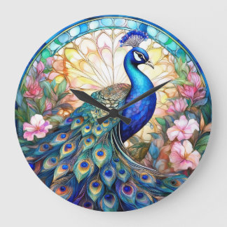 Pfau in Buntglas und Aquarell Große Wanduhr