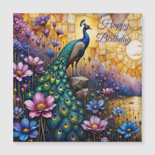 Pfau in floraler Landschaft, Geburtstagsmagnet Magnetkarte