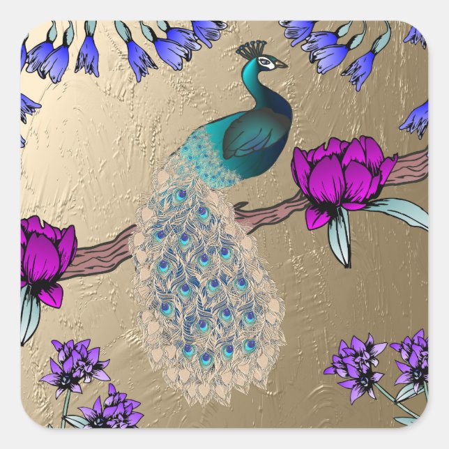 Pfau in Gold Quadratischer Aufkleber (Vorderseite)