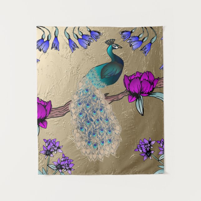 Pfau in Gold Wandteppich (Vorderseite)