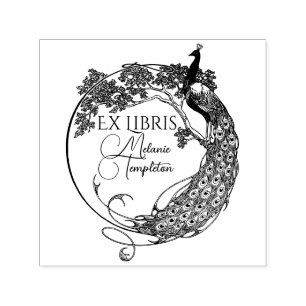 Pfau in rundem Rahmen Jugendstil Ex Libris Name Permastempel