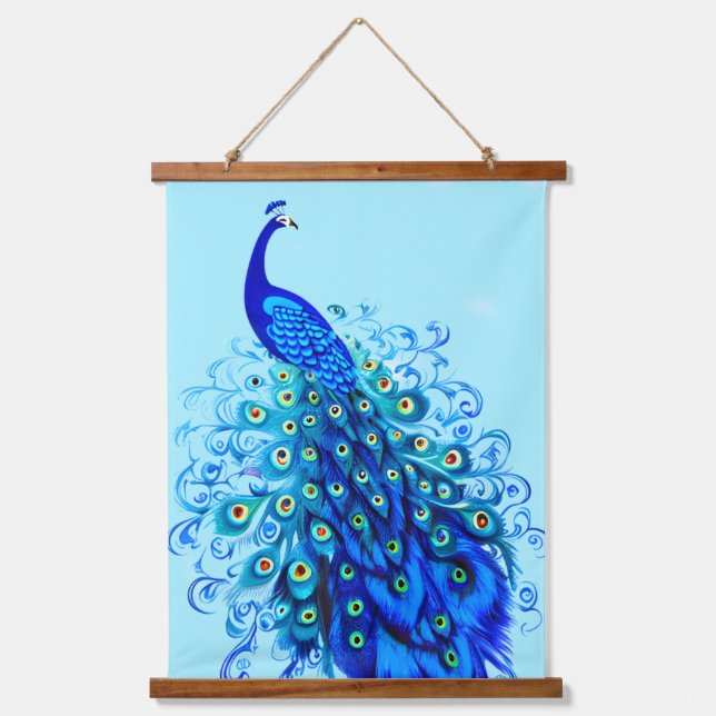 Pfau in Türkis und Cobalt Blue Wandteppich Mit Holzrahmen (Vorderseite)