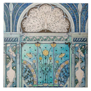 Pfau, Krane und Sonnenblumen Jugendstil Fliese