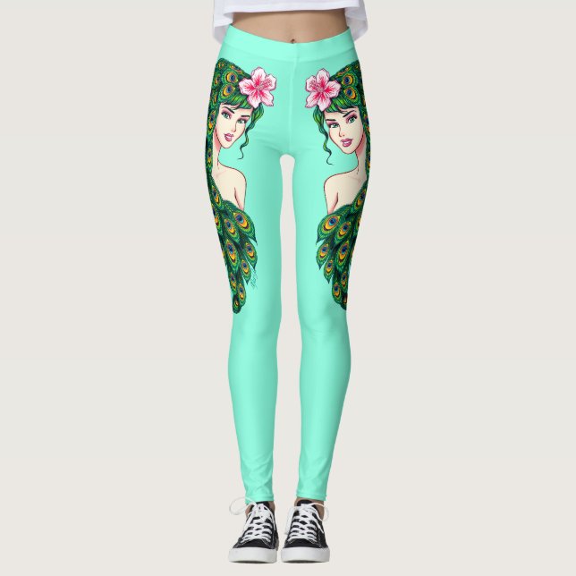 Pfau-Mädchen keucht aquamarines Athleisure Yoga Leggings (Vorderseite)
