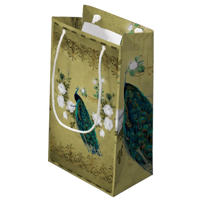 Pfau mit Blume Kleine Geschenktüte (Rückseite Schrägansicht)