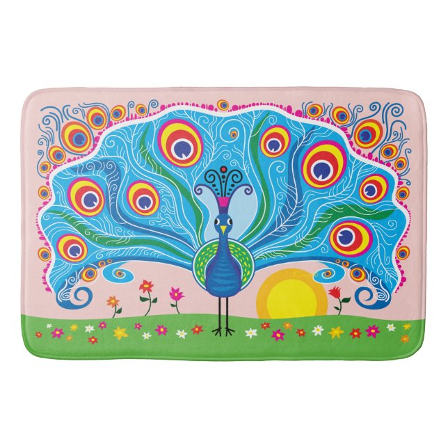 Pfau mit Blumen Badematte (Vorderseite)