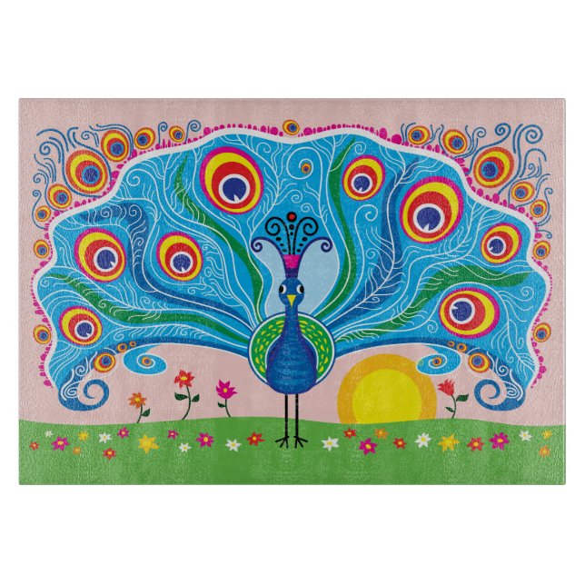 Pfau mit Blumen Schneidebrett (Vorderseite)