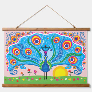 Pfau mit Blumen Wandteppich Mit Holzrahmen