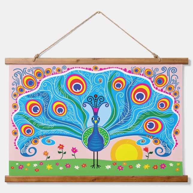 Pfau mit Blumen Wandteppich Mit Holzrahmen (Vorne)