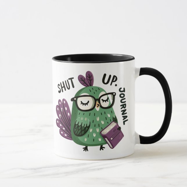 Pfau mit Brille - "Shut Up, Journal" Funny Tasse (Rechts)
