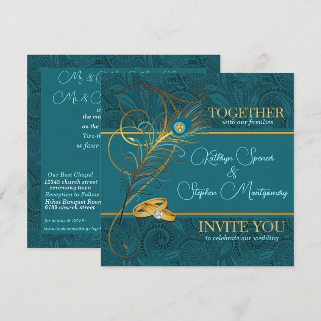 Pfau mit Goldakzenten Aquamarine Hochzeit Einladung (Vorne/Hinten)