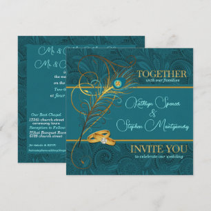 Pfau mit Goldakzenten Aquamarine Hochzeit Einladung