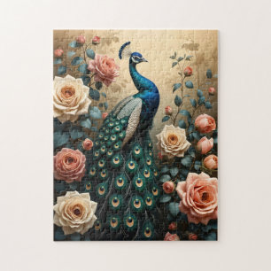 Pfau mit Pfirsich und rosa Rosen