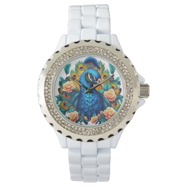Pfau mit PfirsichRose Armbanduhr (Vorderseite)