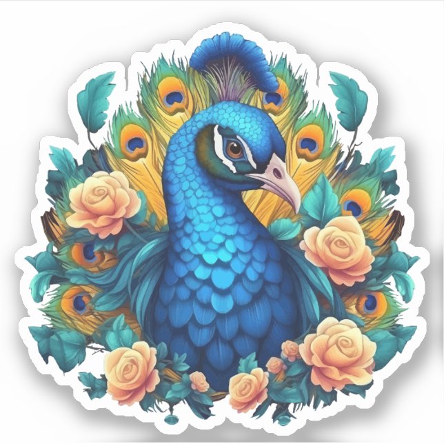 Pfau mit PfirsichRose Aufkleber (Vorderseite)