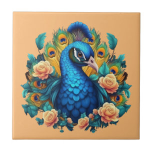Pfau mit PfirsichRose Fliese