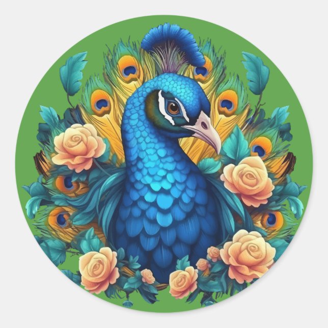 Pfau mit PfirsichRose Runder Aufkleber (Vorderseite)
