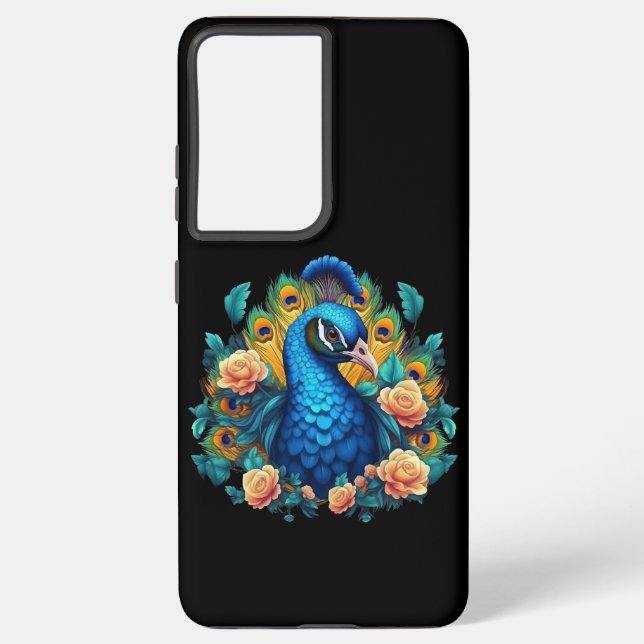 Pfau mit PfirsichRose Samsung Galaxy Hülle (Rückseite)